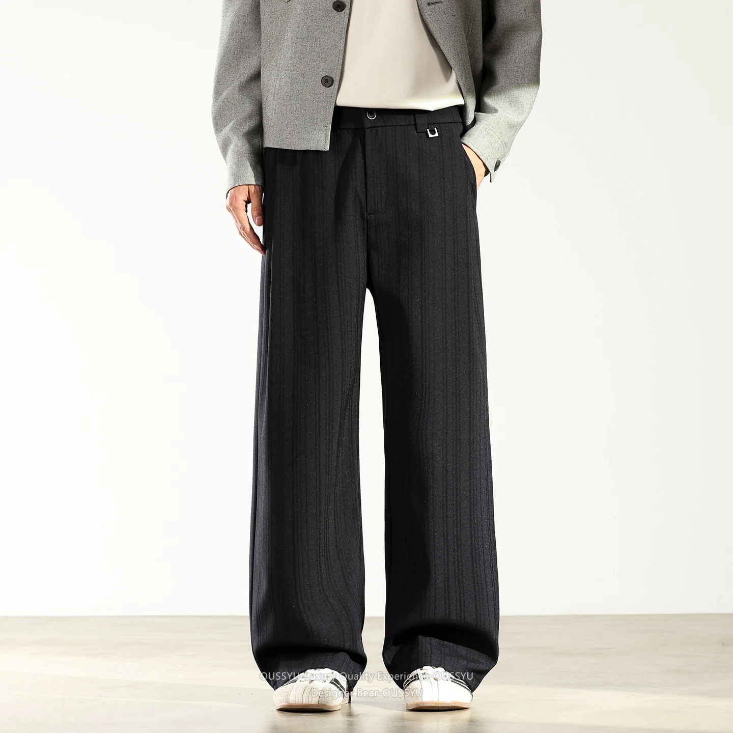Luxury Quality Autumn Winter Men's Suit Pants Stripe Baggy Business Khaki Elastic Waist Work Straight Formal Trousers Male Y2k