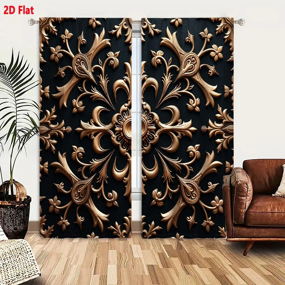 2Pcs Curtains Add 2D Flat Ornate Gold Baroque Medallion Pattern On Navy Blue Background For Wall Panel Ceiling Or Textile Window