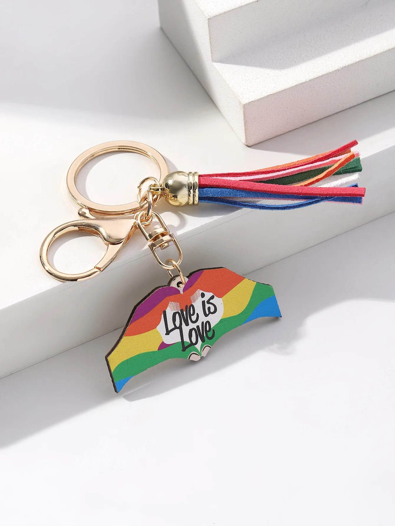 Gay Pride Flag Keychain Rainbow Heart LOVE is LOVE English Letter Tassel Hanging Key Ring