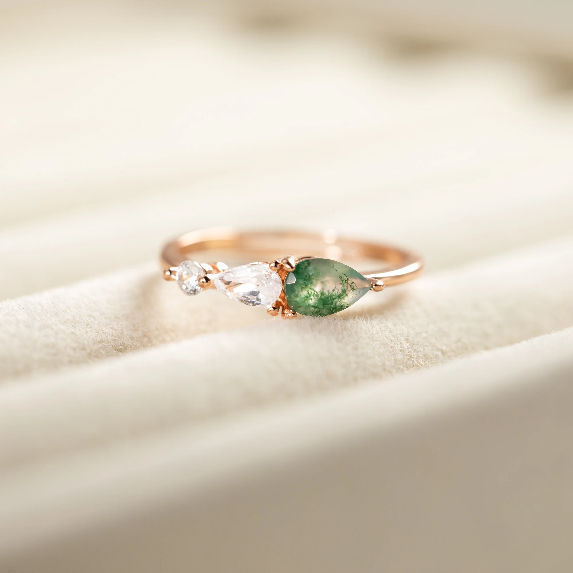 

925 Sterling Silver Dainty Pear Cut Moss Agate Wedding Band for Woman Girl Rose Gold Plated Adjustable Stacking Matching Ring