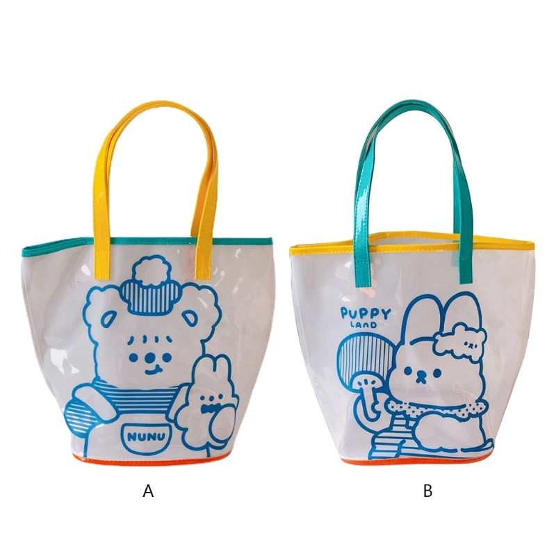 Women Girls Transparent PVC Jelly Beach Bag Colorful Cartoon Bear Rabbit Print Waterproof Clear Handbag with Handle Large