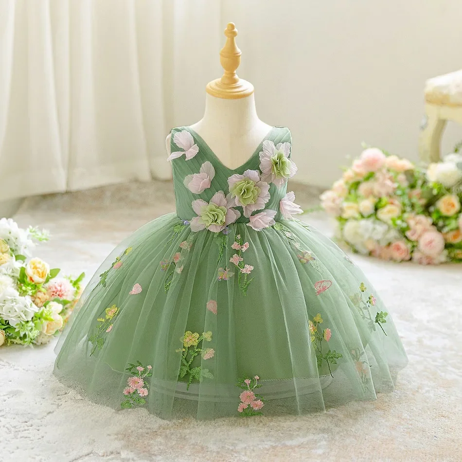 Baby Kinder Geburtstag Grüne Blumenkleider für Mädchen 0-3 Jahre Kleinkind Hochzeit Party Ballkleid Blumenmädchen Sommerkleid ASQ03