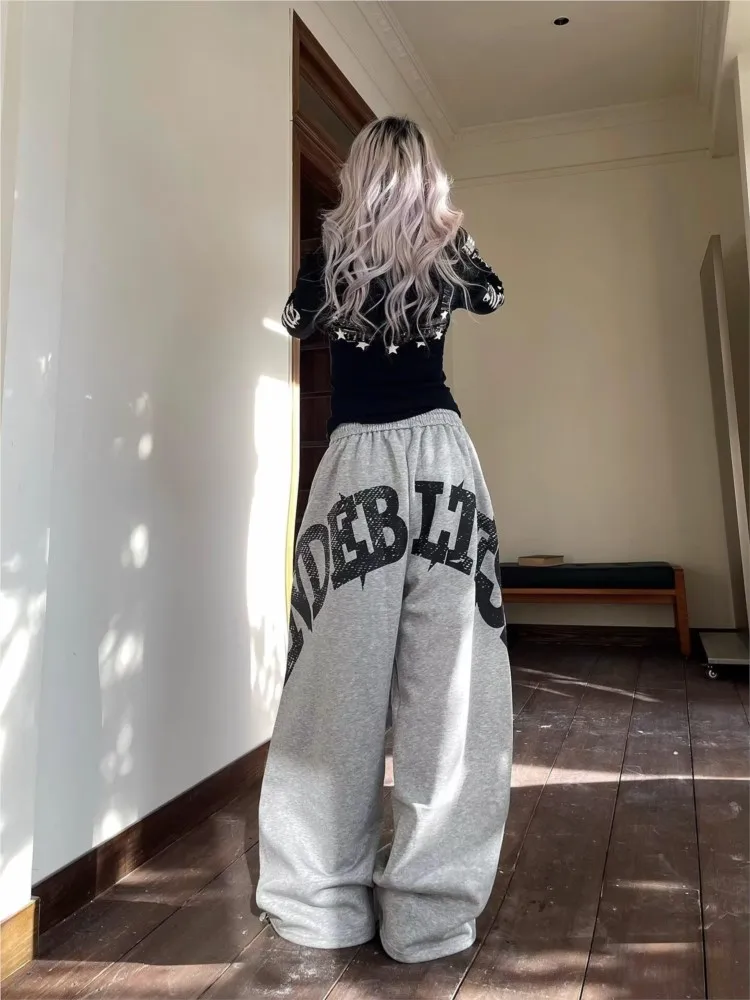 Women 3D Large Letter Print Baggy Pants Quick Dry Elastic Drawstring Wide Leg Trousers Streetwear Y2K Hip Hop Casual Long Pants