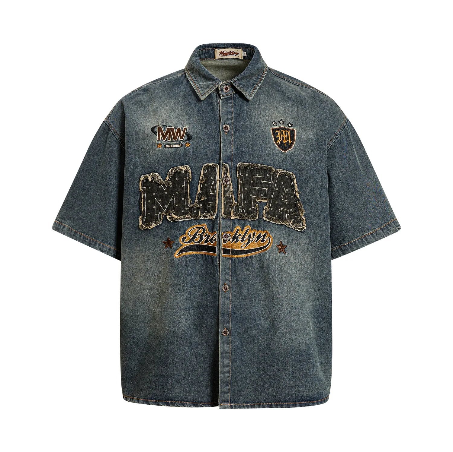 

Мужская джинсовая рубашка с вышивкой в стиле пэчворк, уличная одежда, хип-хоп, с коротким рукавом, ретро, с отложным воротником, свободного кроя, на одной пуговице, в стиле Харадзюку Y2K