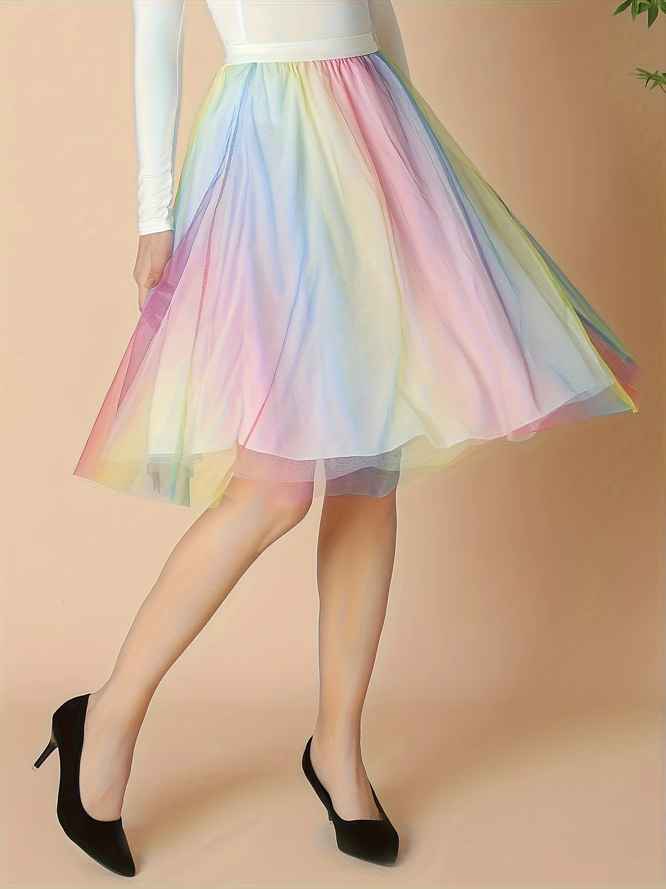 

plus Size Rainbow Gradient Mesh Skirt Draped Slimming Hip Covering Mid-Length Unique Design High-End Tulle Skirt