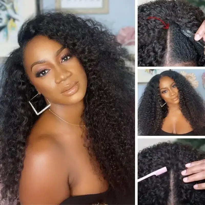 250 Density  Kinky Curly V Part Wig Human Hair No Leave Out Brazilian Hair Wigs for Women Deep Wave Curly Glueless V Part Wig