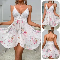 Sexy Suspender Mesh Nightgown Dress Summer Women Printed Chiffon Nightdress Sleepwear Home Wear