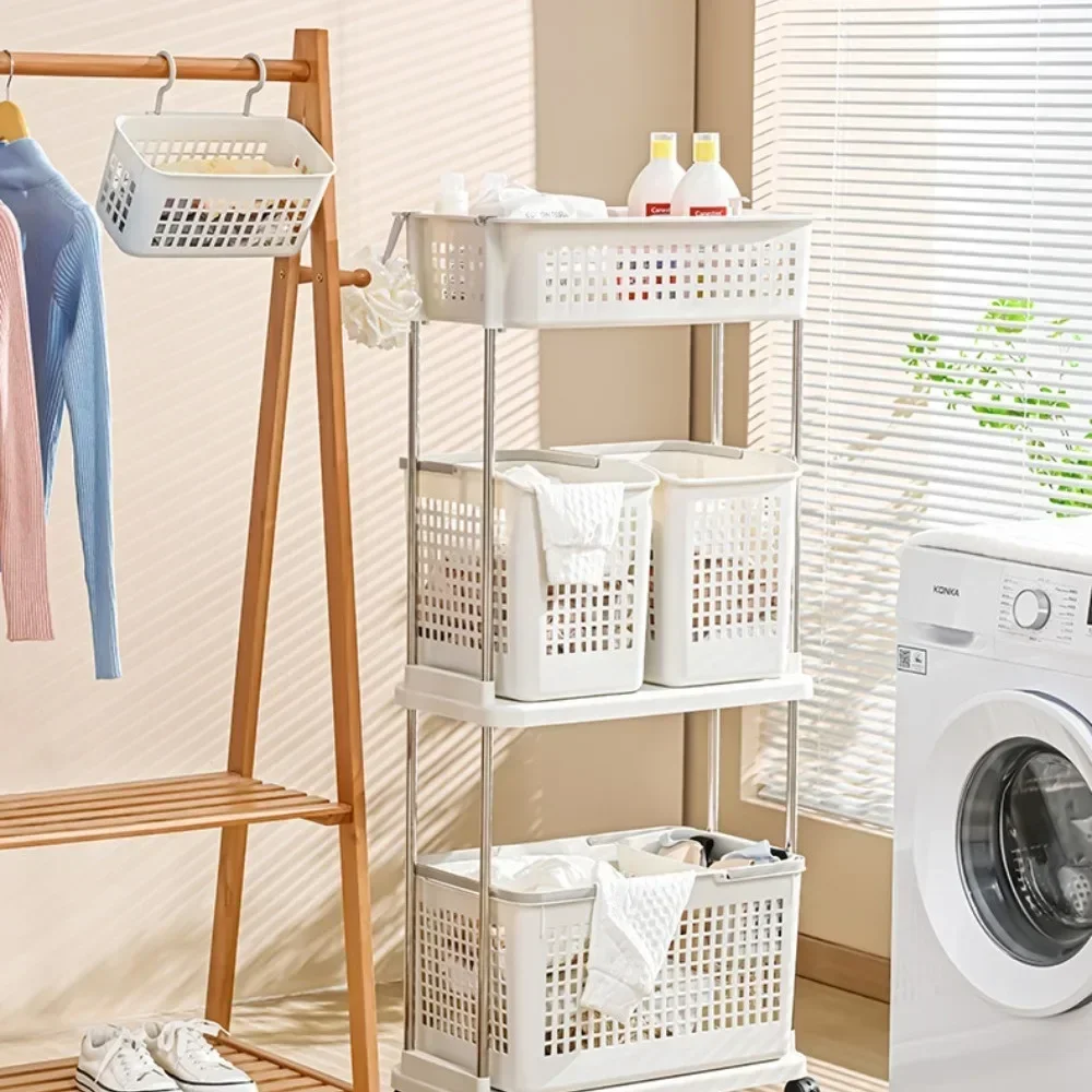 Multilayer Laundry Basket With Wheels Rolling Laundry Cart Dirty Clothes Basket Portable Handle Dirty Clothes Storage Trolley