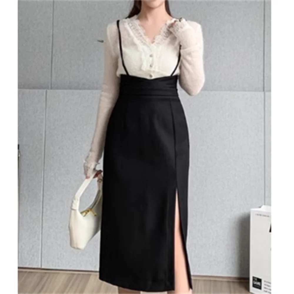 Strap skirt the new front fork black fashion pencil skirt