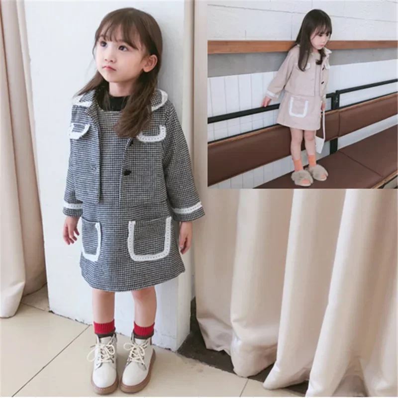 Autumn Winter Girls Suit Suspender Skirt Sets Turn-down Collar Houndstooth Soft Warm Cute Princess Outdoors