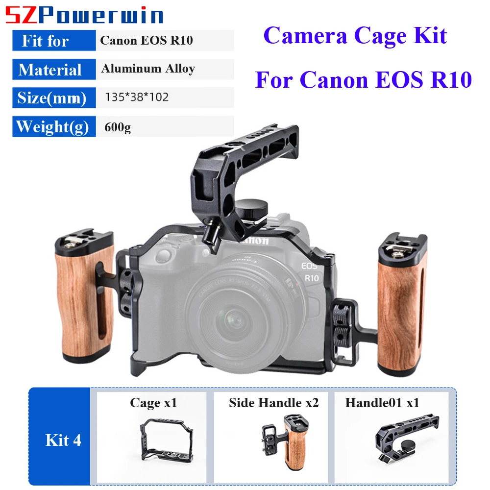 Powerwin For Canon EOS R10 Camera Cage with wooden Handle Kit Aluminum Alloy Multifunctional Arri Locating Screw Protective Fram