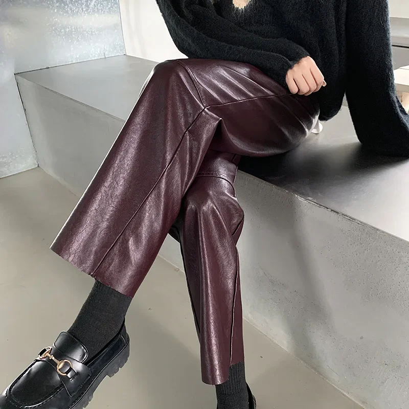 

Burgundy Leather Pants Women Wide Leg Trousers Korean Style Y2k Fashion Loose Pants High Waisted Black Pu Baggy Pants