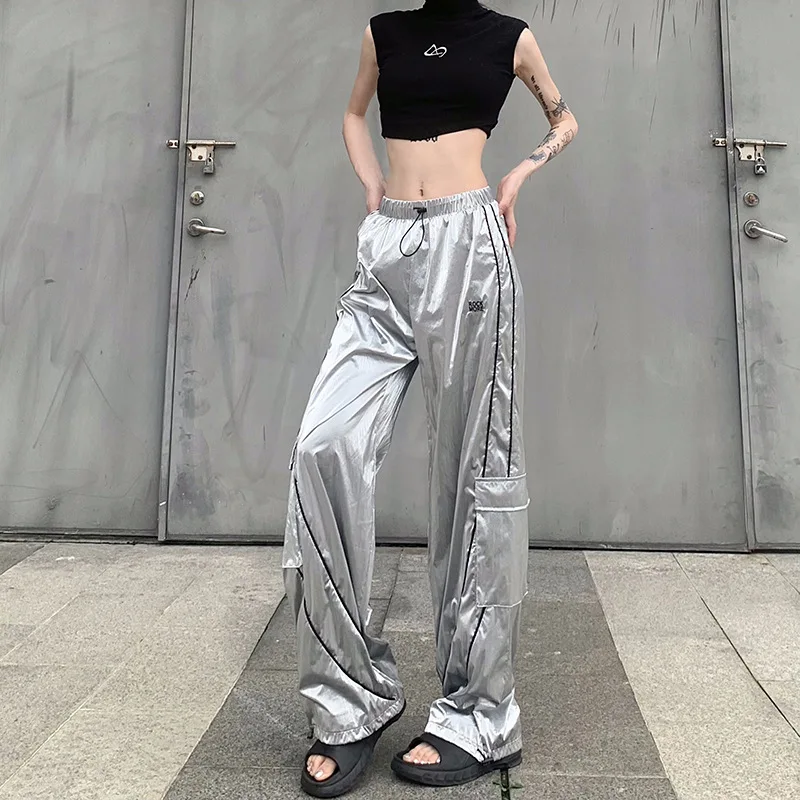 

Y2k Streetwear Women Drawstring Jogger Pants Casual Low Waist Side Stripe Patchwork Sweatpants Male Fashion Wide Leg Cargo Pants