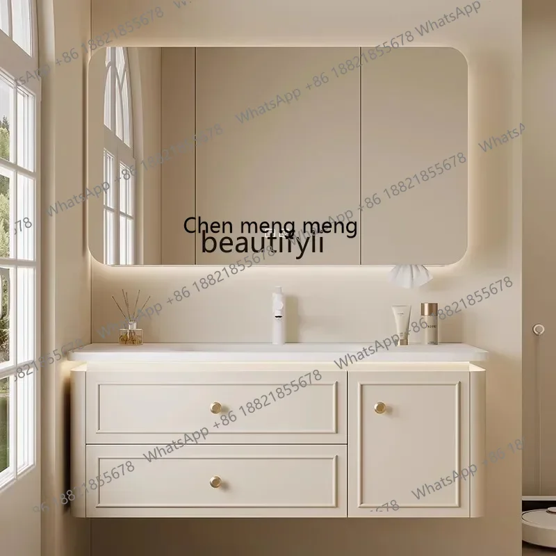 cn8350 ssNew light luxury and atmospheric cream style bathroom cabinet, Corian integrated ceramic basin, oak curved bathroom sin