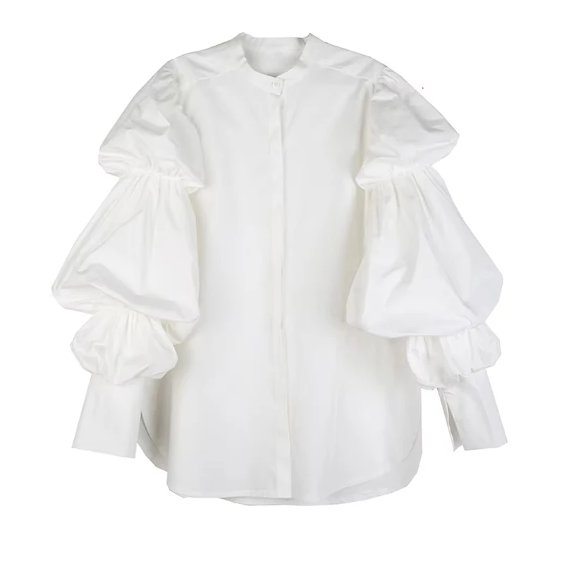 Mulheres branco tamanho grande plissado divisão blusa nova gola puff manga solta ajuste camisa moda primavera outono 2024 1k366