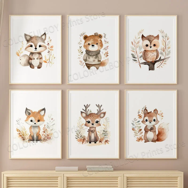 

Autumn Leaves Nursery Wall Art - Bear Fox Deer Squirrel Owl Canvas Prints Baby Kids Room Home Decor Posters Art Pictures