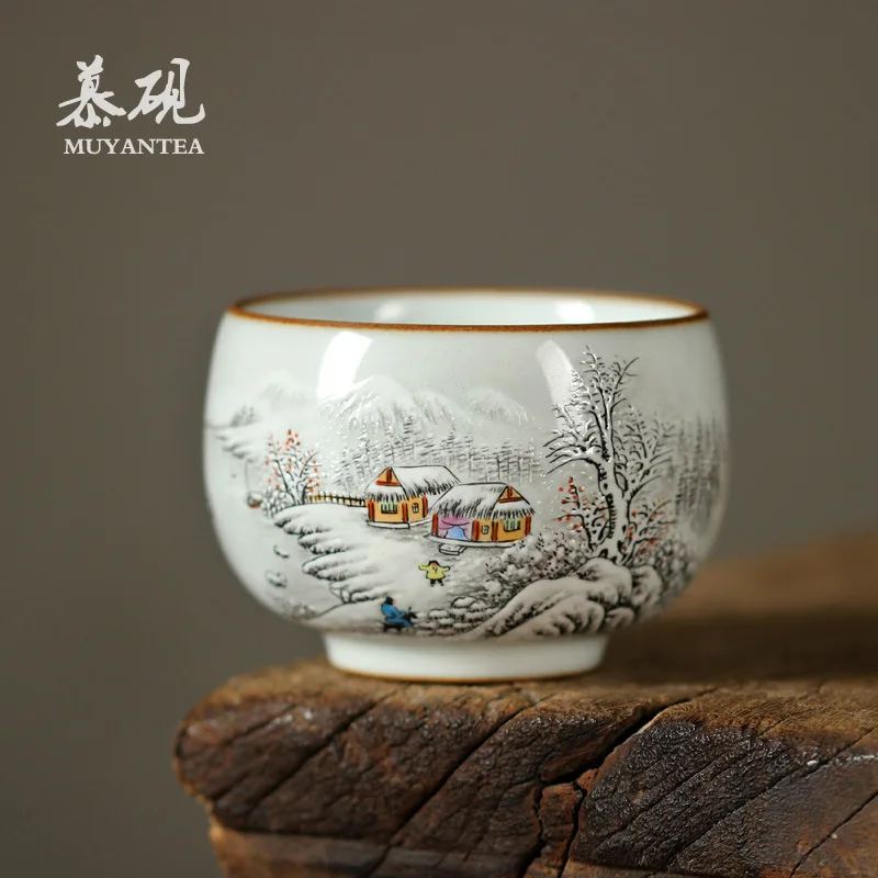 

Керамическая чашка ручной росписи Mu Tao Guan Kiln с пастельным снежным пейзажем, индивидуальная чашка для набора для чаепития Кунг-фу