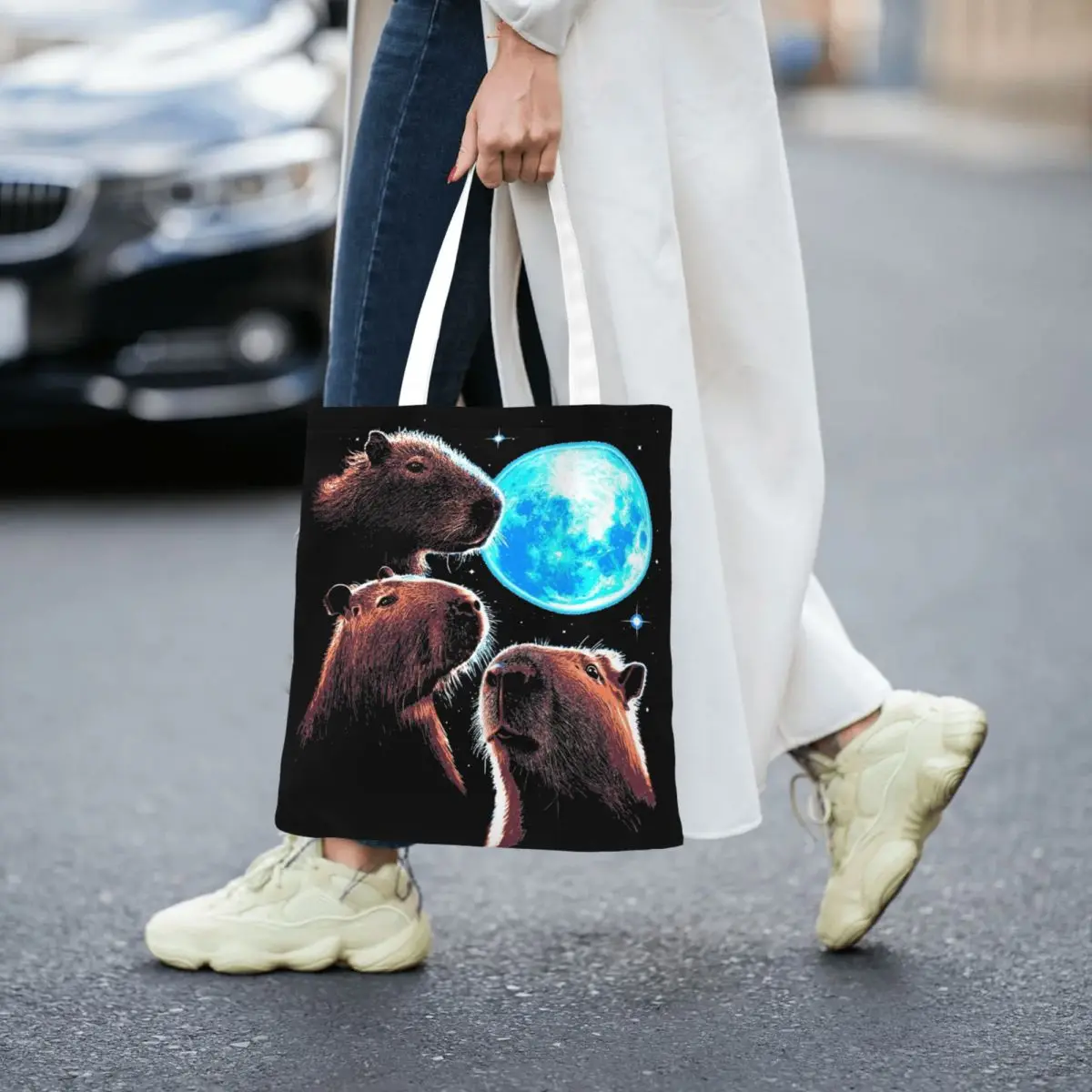 Funny Capybara Meme Canvas Tote Handbag Three Capybaras Moon Grocery Bags Shopper Bags for Women