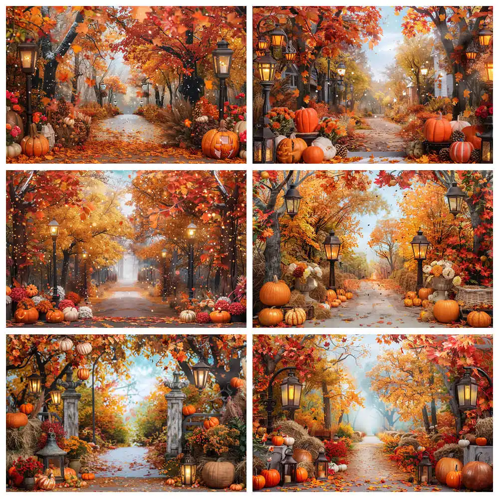 

Autumn Photography Background Pumpkin Maple Leaves Street Light Backdrop Decor Family Kid Thanksgiving Day Birthday Photo Studio