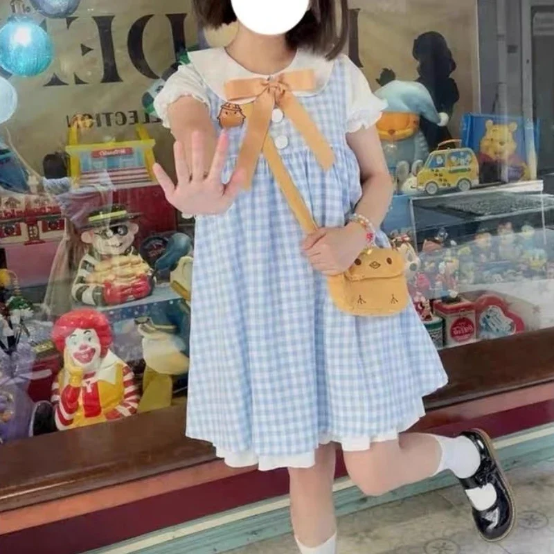 Japan Sweet Lolita Kawaii Mini Dresses Sissy Cross-dressing Fake Two Piece Puff Sleeve Doll Collar Bow Dress ABDL  A-line Dress