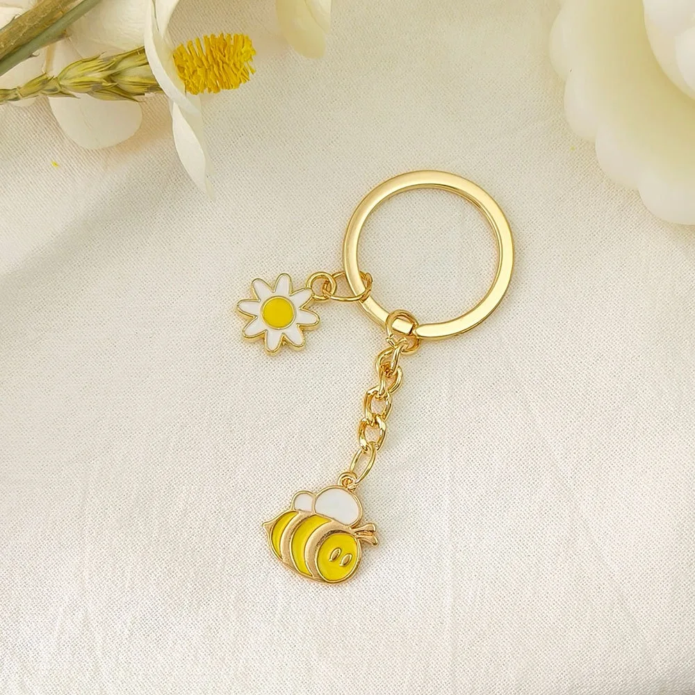 Cute Bee Flower Key Ring Cartoon Mini Garden Key Chains Charms Backpack Decor Metal Enamel Pendant for Women Men