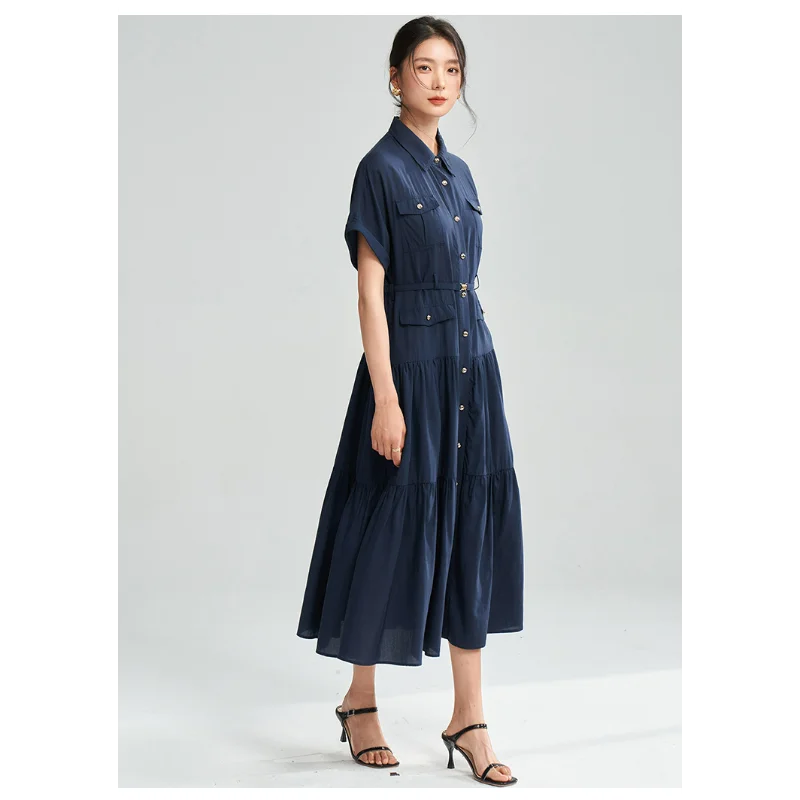 قميص صيفي فساتين طويلة للنساء طية صدر السترة باللون الأزرق الداكن حزام طية صدر السترة بحاشية كبيرة بأزرار وأكمام قصيرة وخصر عالي على شكل حرف a نمط فكر