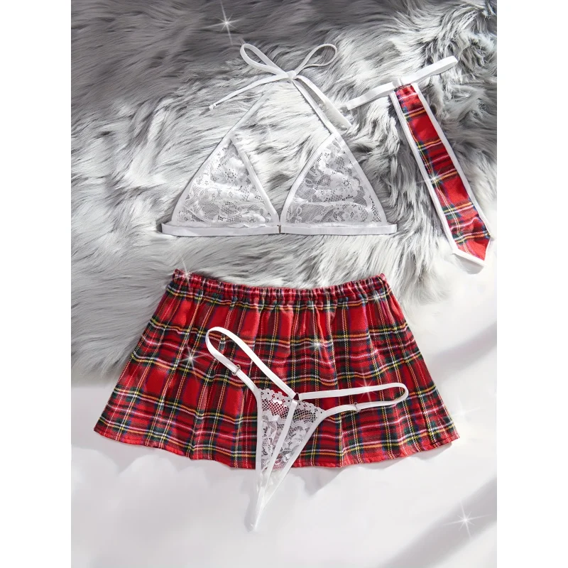 Sexy Preppy Plaid Uniform Set with Floral Lace Halter Bra, Thong, Skirt, and Tie - Women\'s Lingerie