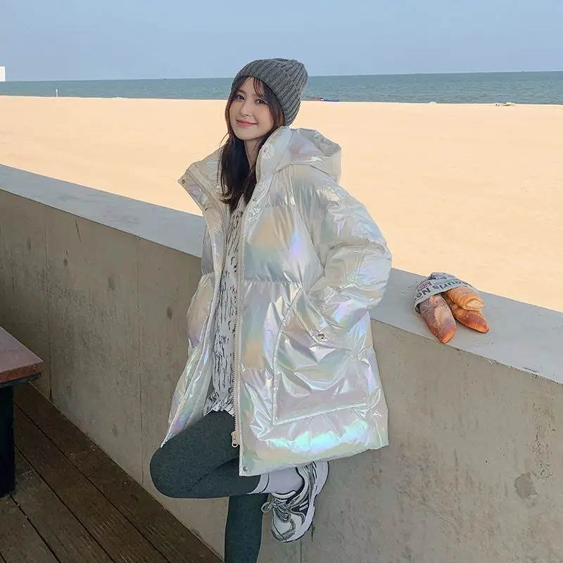 韓国の女性用ゆったりとしたカラフルな綿服、冬のファッション、気品のある新しいコート、光沢のある厚手の綿服