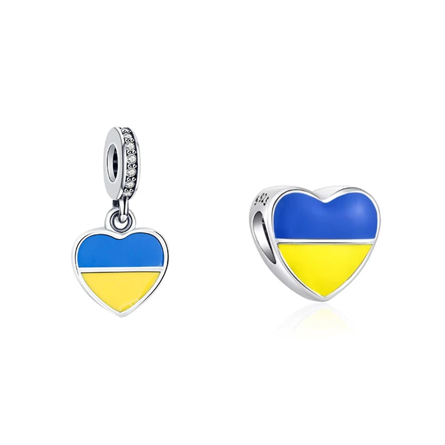 925 Sterling Silver Charm Ukrainian Flag Heart Bead charms fit Original Women Snake Chain Bracelet For Women DIY Jewelry Trinket