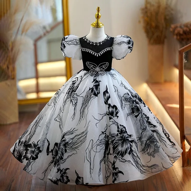 High end Flower printing butterfly pearl Girl's Dresses Ball Gown Flower Girl Dress For Wedding Birthday Party Pageant dress