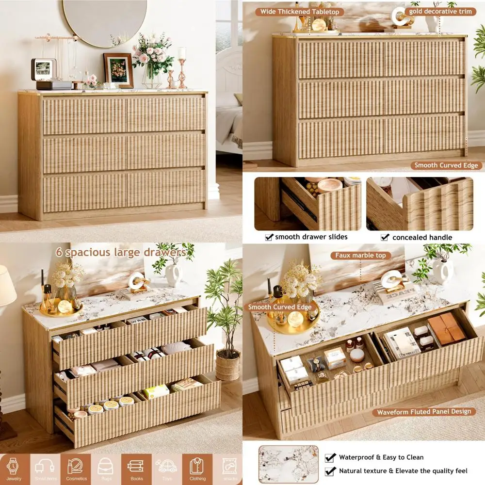 

Modern 6-Drawer Fluted Bedroom Dresser with Faux Marble Top and Curved Profile Design