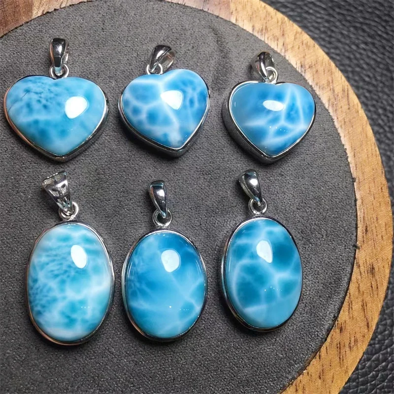 

S925 Natural Larimar Hart & Oval Pendant Fashion Fengshui Crystal Jewelry Holiday Gift Women Healing Energy Stone 1pcs 16-20mm