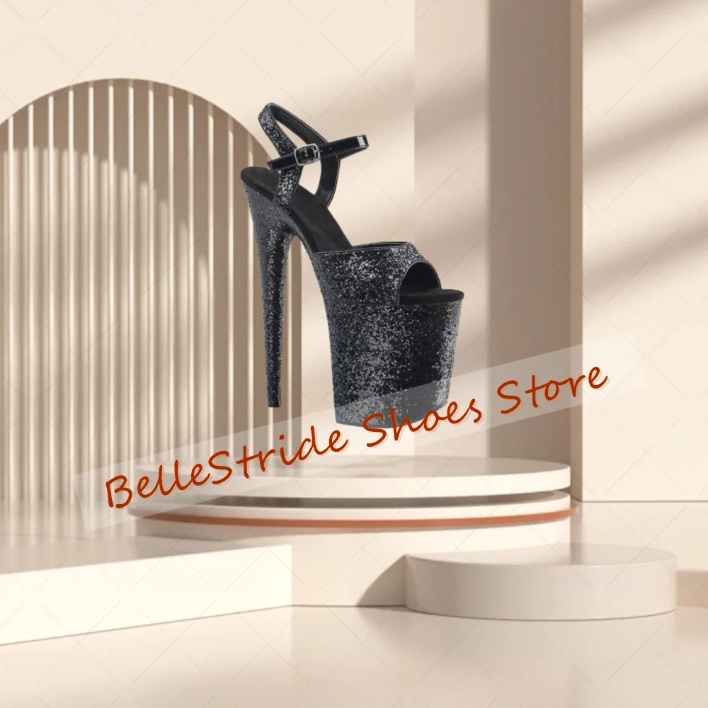 

Black Peep Toe Platform Glitter Sandals Buckle Strap Women Shoes Thin High Heels Party Banquet Dating 2025 Zapatos Para Mujere