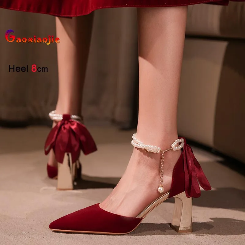 

Fashion Red Wedding Shoes Women Rhinestone Pearl Chain Hollow Sandals Party Dress Shoes Satin Coarse Heel High Heel Single Shoes