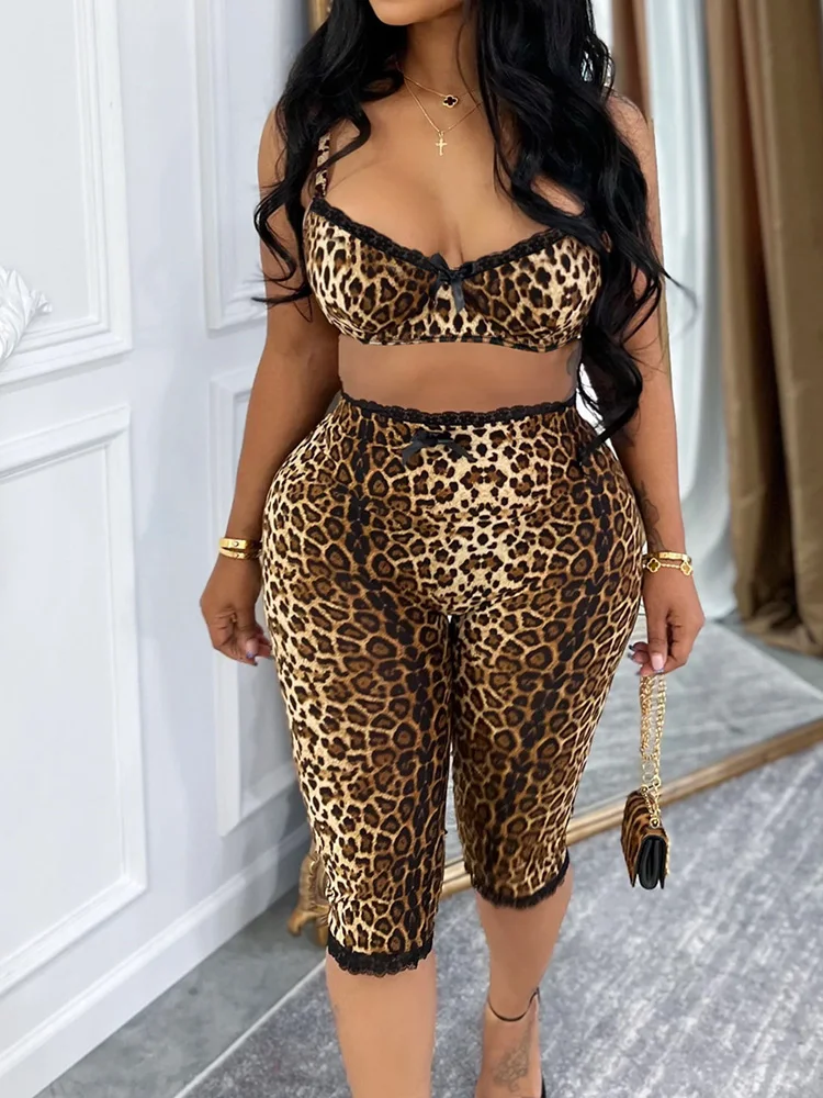 

Womens Leopard Print Lingerie Set 2026 Summer Fashion Lace Bralette Crop Top and Leggings Sexy Two Piece Sleepwear Club Outfits