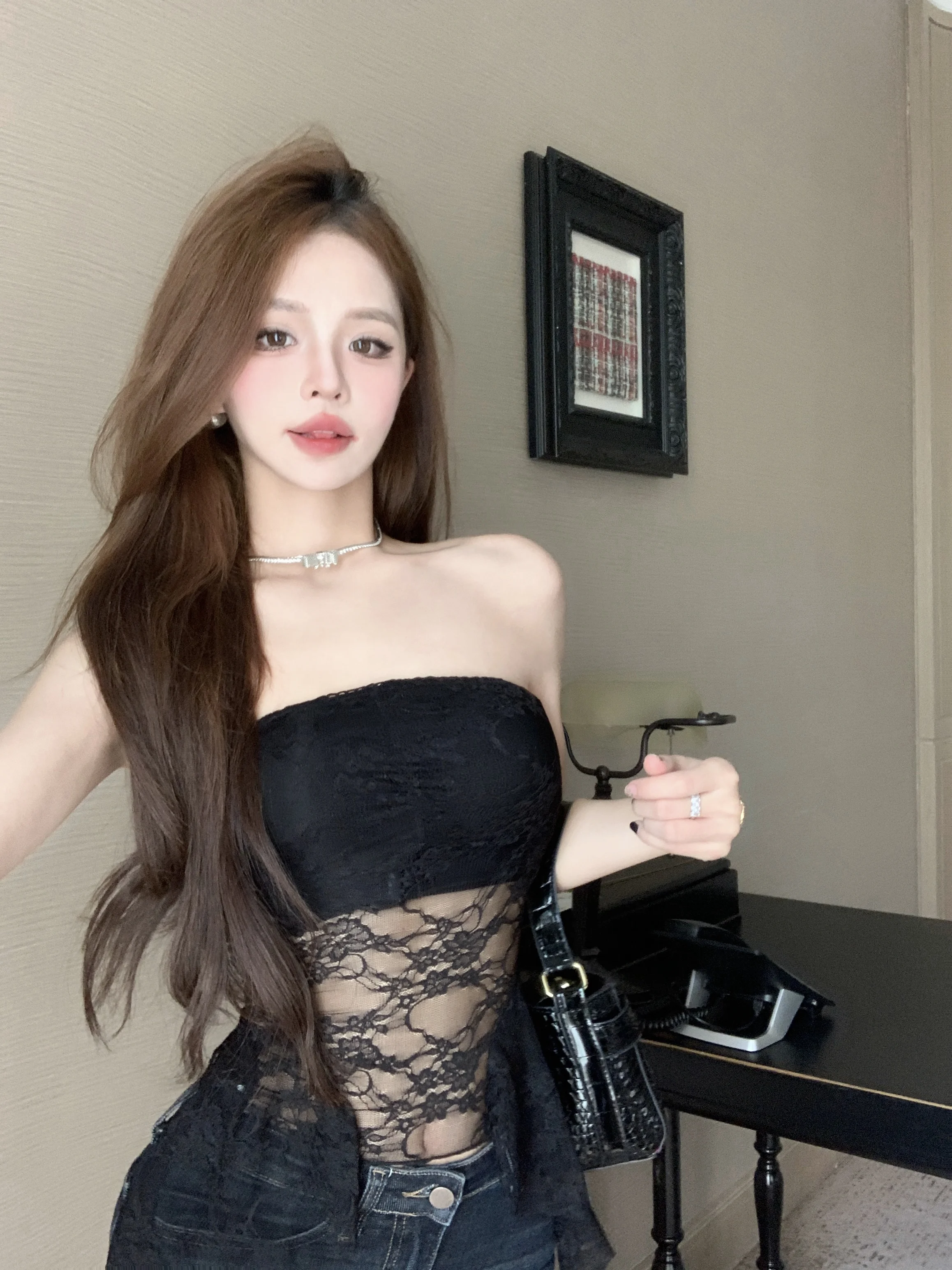 Sexy See-through Lace Patchwork Tube Top Women's High-end Sleeveless Vest Summer Trendy Spicy Short Shirt Korean Style Slim Fit