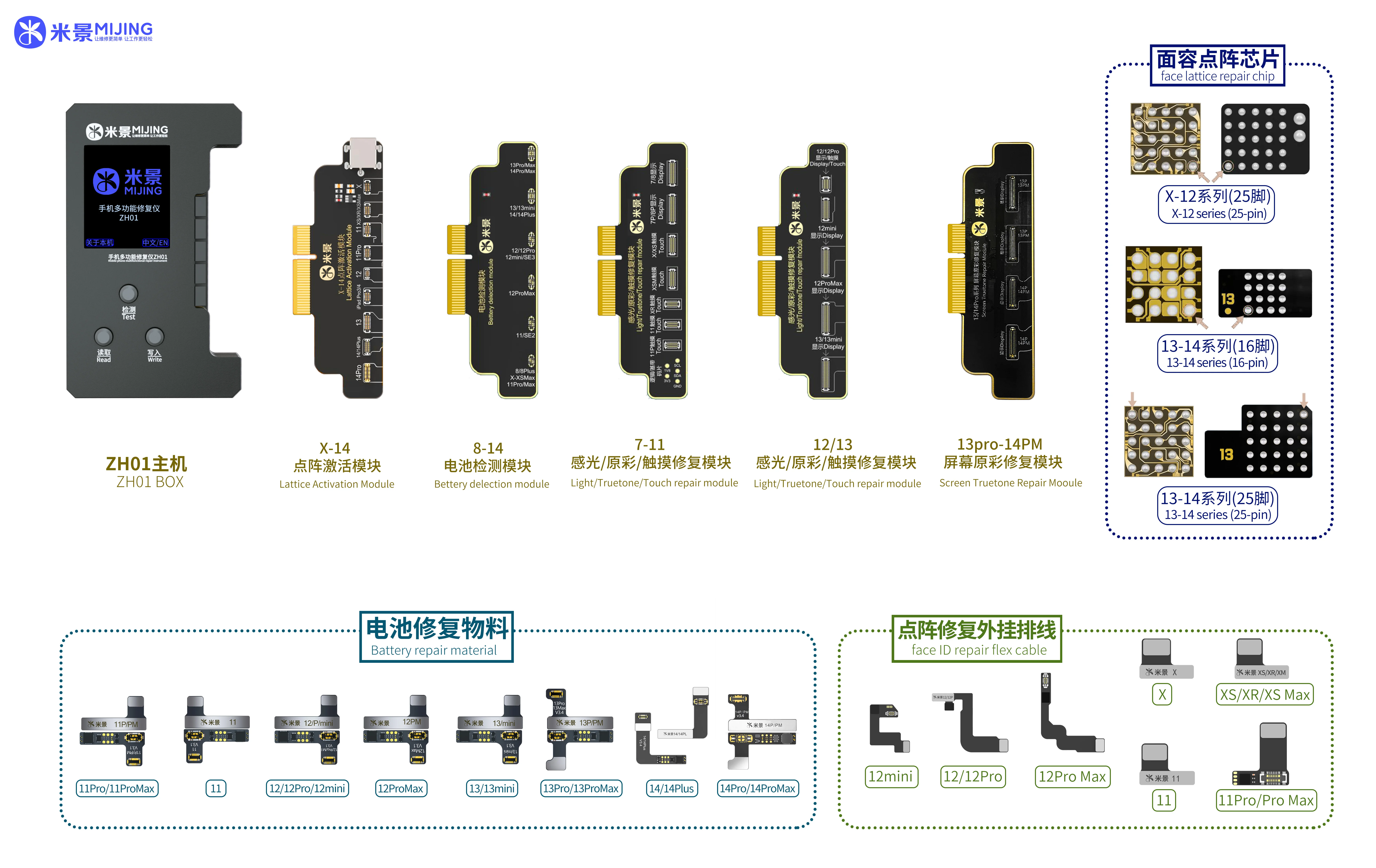 Mijing ZH01 True Tone Face ID Battery Repair Programmer For iPhone 8 - 14 Pro Max Dot Matrix Battery FPC Flex Cable Data Modify