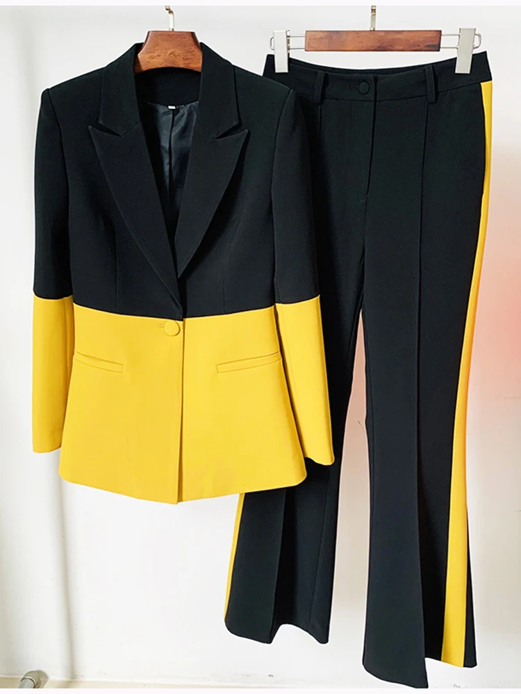 HIGH QUALITY Newest 2024 Star Style Fashion Designer Runway Suit Set Women\'s Single Button Color Block Blazer Flare Pants Suit