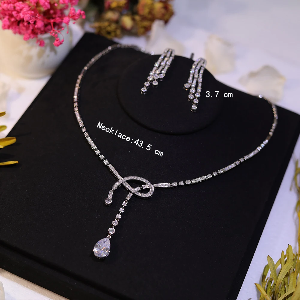 Simple Fashion Dangling Drop white Cubic Zirconia Women Party Wedding Necklace Bridesmaid Gift Brides Jewelry Sets Z016