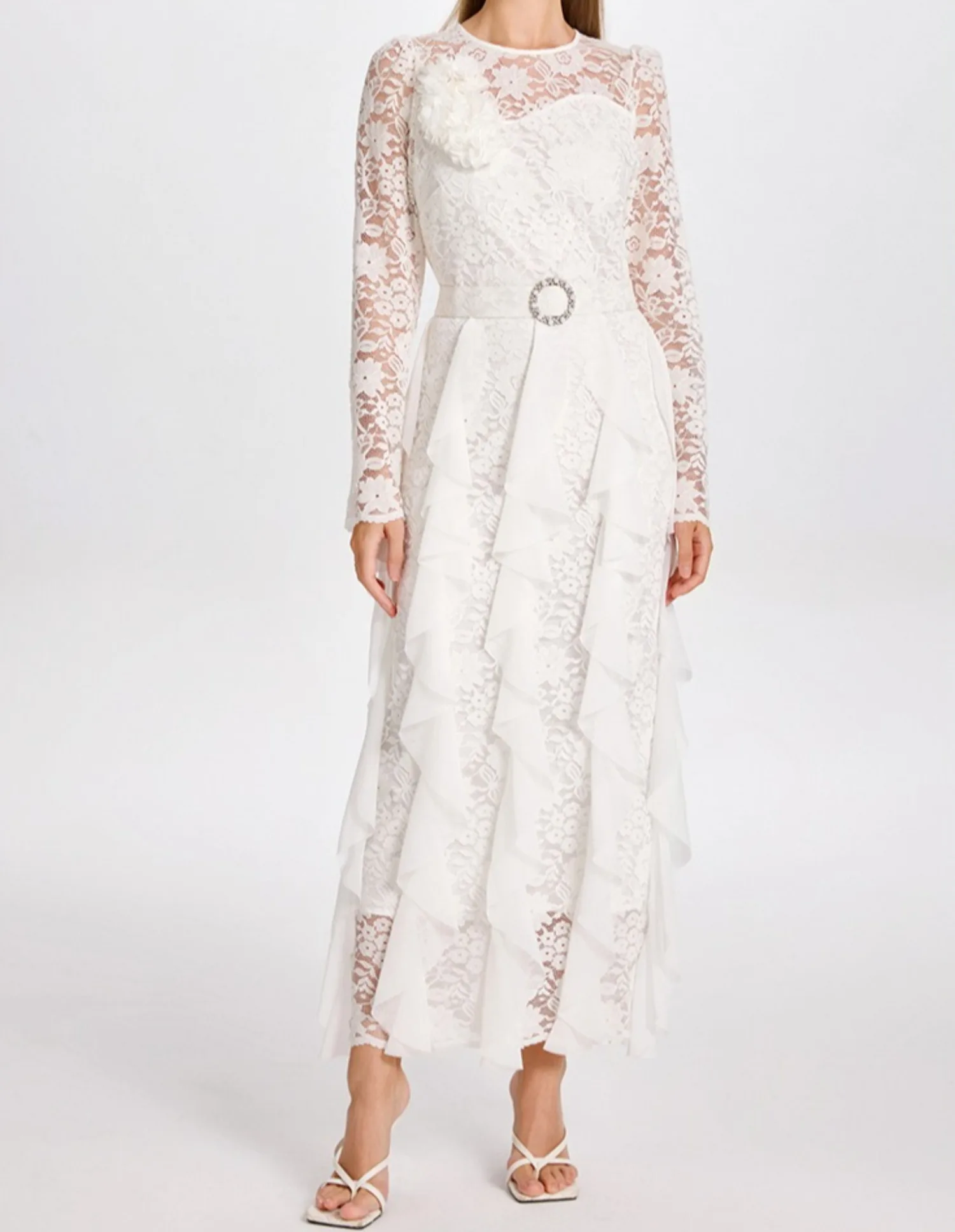 

Белое кружевное платье с длинным рукавом, весенне-осенняя элегантная винтажная одежда макси с нашивкой и круглым вырезом, шикарные платья, облегающее вечерние платье