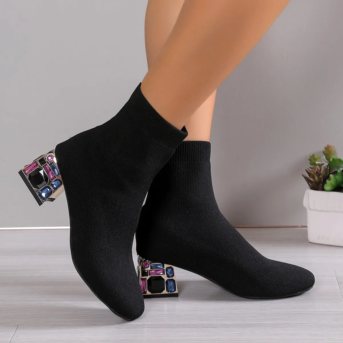 Womens Fashion Rhinestone Heeled Ankle Boots 2024 Solid Color Stretch Knitted Sock Boots Women Chunky Heel Slip On Shoes Woman