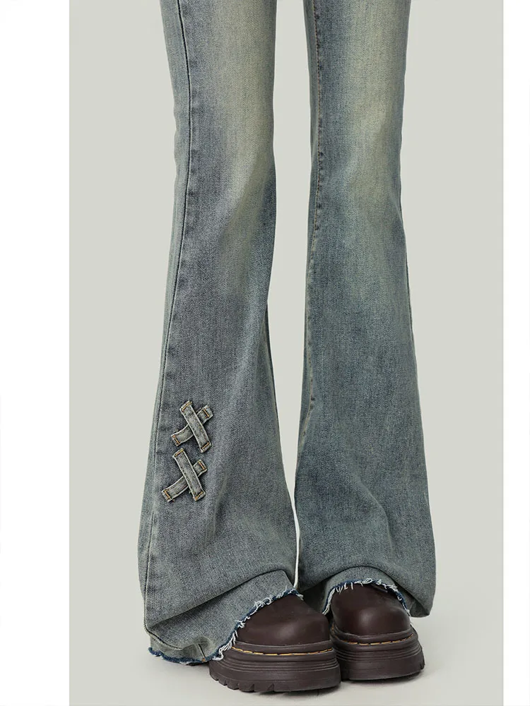 

Retro High Waist Bell Bottom Jeans Women's Spring Summer New Style Slimming Small Size Knot Elastic Bell Pants