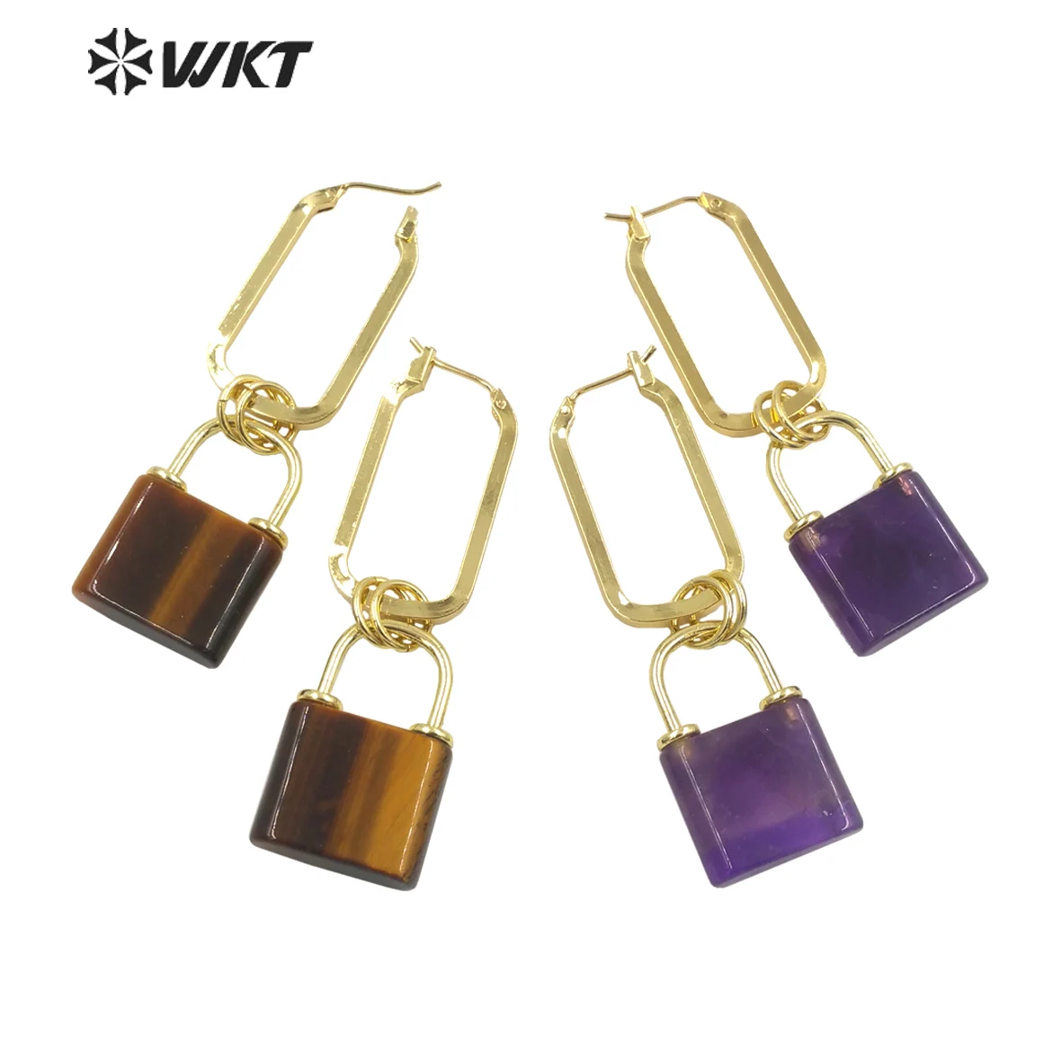 

WKT-E670 Newest design fashion gemstone made Lock pendant earrings gold electroplated love lock head earrings for girl