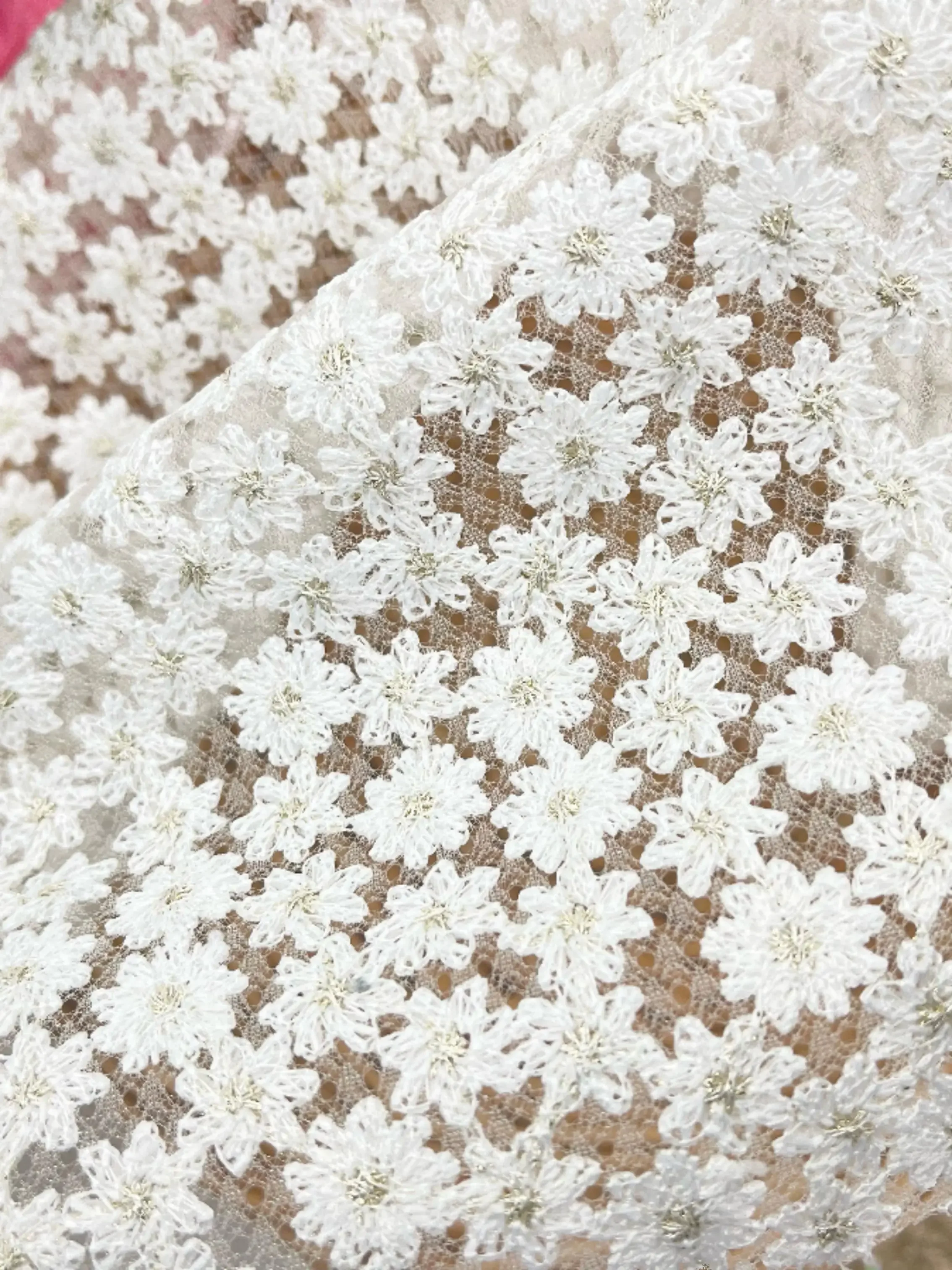 

Starry Sky Exquisite Milk White Rose Embroidery Half Transparent Lace Mesh Fabric Puff Skirt Dress Fabric