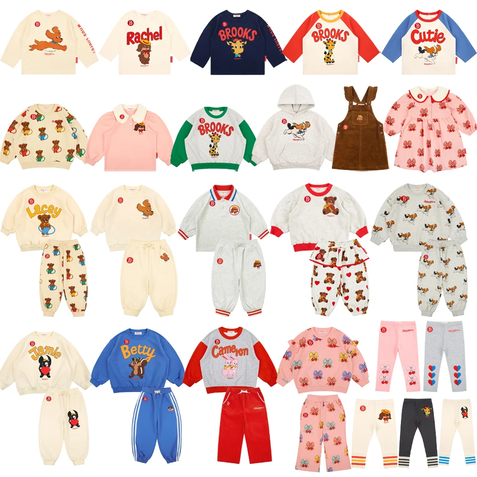 Korean 2024 Autumn Children Clothes Set Boys Sweatshirt Trousers Bebe Leggings Kids Cartoon Hoodies Pants Girls Dress Tops Shirt