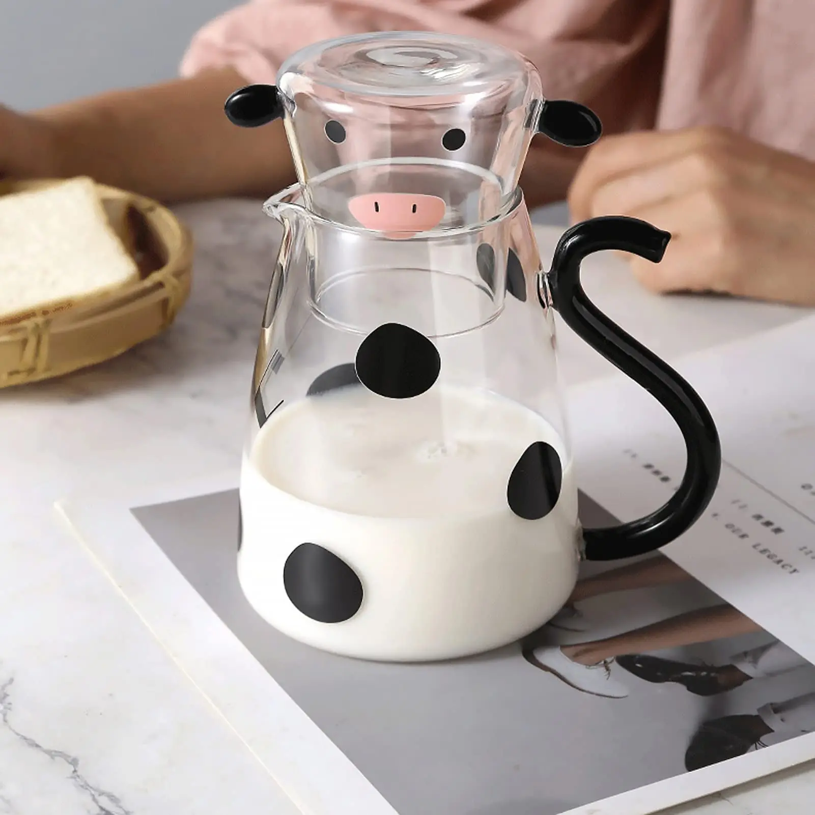 Cute Cow Glass Tea Pitcher Set - 550ml Carafe with Matching Mug for Midnight Drinks at Home, Office, or Hotel