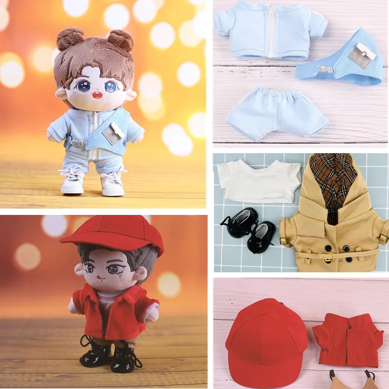 2-piece/ set Brown trench coat 20cm Plush Doll outfit clothes Red Baseball Cap Suspenders fit for 20cm Anime Kawaii Plush doll