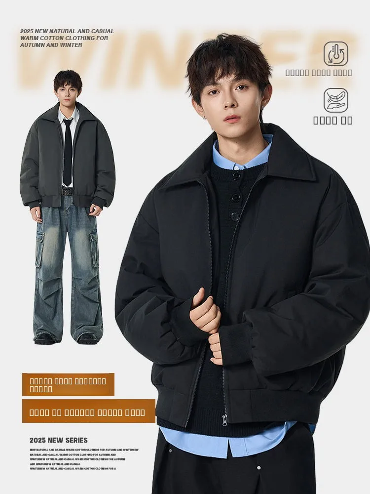 

Men's Cotton Jaet Zipper Pure Color Casual Loose Winter Thiened Warm Cotton Coat Flip Collar Polyester Fiber Long Sve