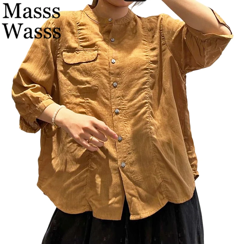 

Летние свободные рубашки Masss Wasss для женщин: модные однотонные блузки в корейском стиле, винтажные элегантные топы из хлопка и льна 2026