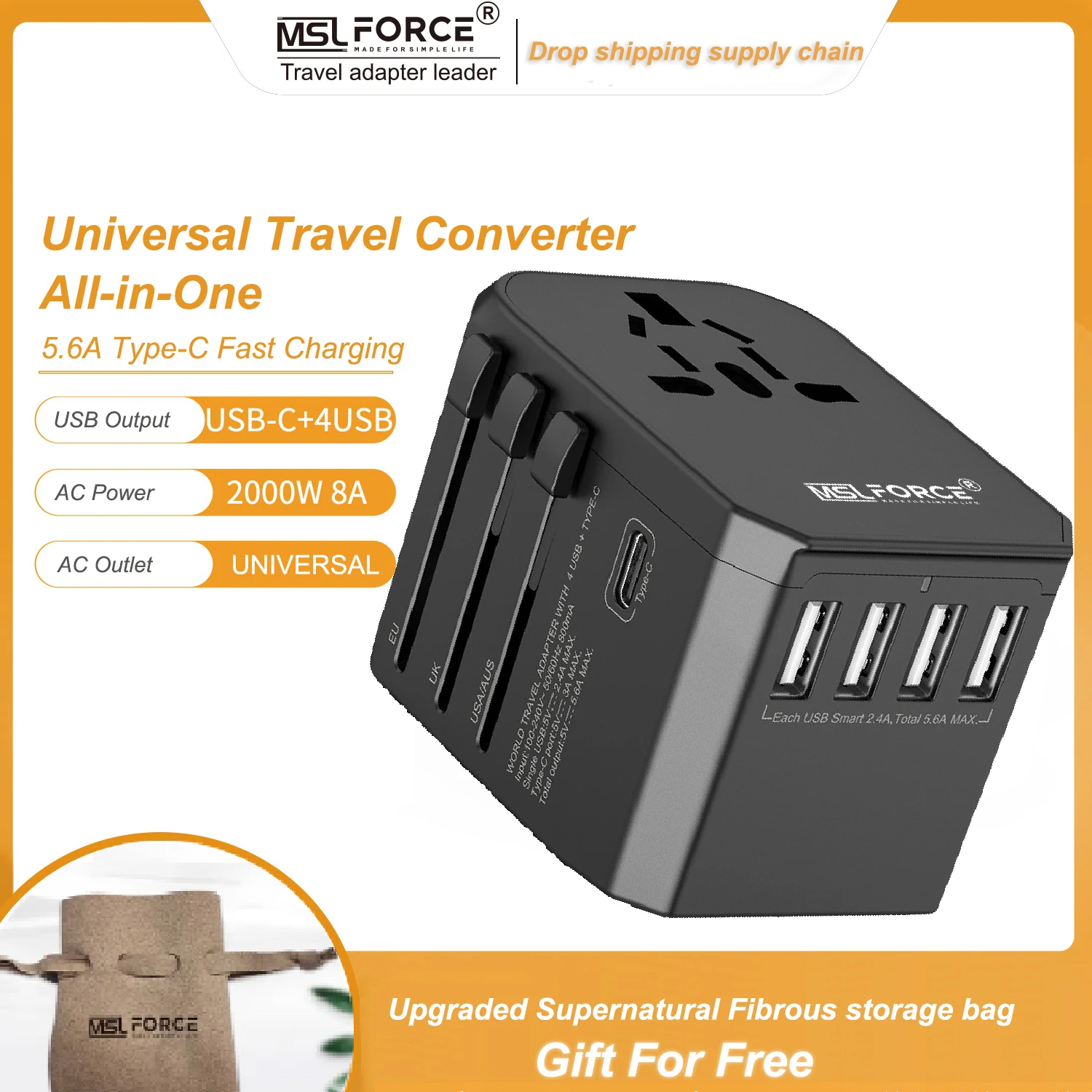 Universal International Travel Plug Adapter With 4-USB Fast 2,4A 1-USB C European Power Plug With AC Worldwide Outlet Socket